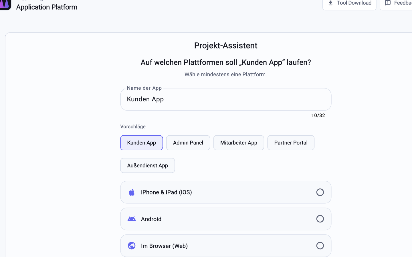 Projekt anlegen: Stack und Komponenten wählen, den Rest übernimmt die Plattform.